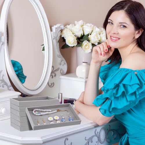 12 Pcs Small Velvet Jewelry Trays Stackable Jewelry Drawers Organizer Trays, Jewelry Storage Display Trays for Necklace Earring Ring Bracelet, Grey (8.26 x 4.92 x 0.98 Inches)