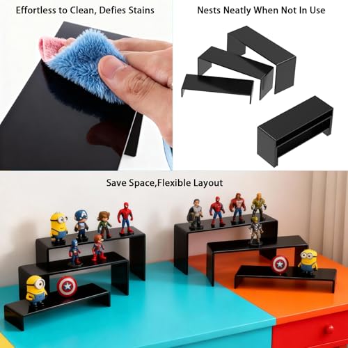 6 PCs Risers Display Stands 3 Tiers Desktop Acrylic Shelves Cake Dessert Holder Products Stand for Collectibles Shoes Jewels Pop Figure （Black） - color: Black 6 PCs