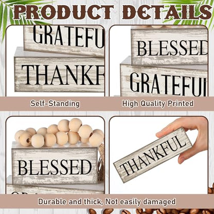 4 Pcs Farmhouse Wooden Tabletop Decor Neutral Farmhouse Tiered Tray Decor Rustic Retro Wood Bead Garland Blessed Grateful Thankful Block Sign Centerpiece for Coffee Home Office Shelf Mantle Table - style: Blessed