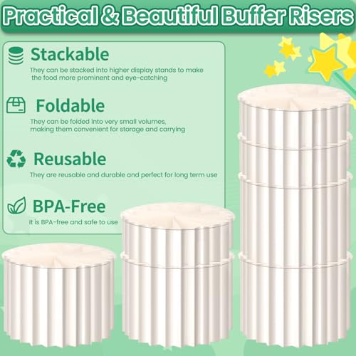 Lucomb 5 PCS Buffet Risers, Food Display Risers for Table, Foldable Cake Stands with Dessert Knife, Fork, Spoon, White Cardboard Cylinder Risers for Party, Wedding, Birthday, Holiday