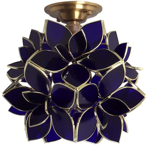 Bieye L11021 Flower Petals Tiffany Style Stained Glass Close to Ceiling Light for Home Decor (Cobalt Blue, 12" Rose Lily) - color: Cobalt Blue, size: 12" Rose Lily