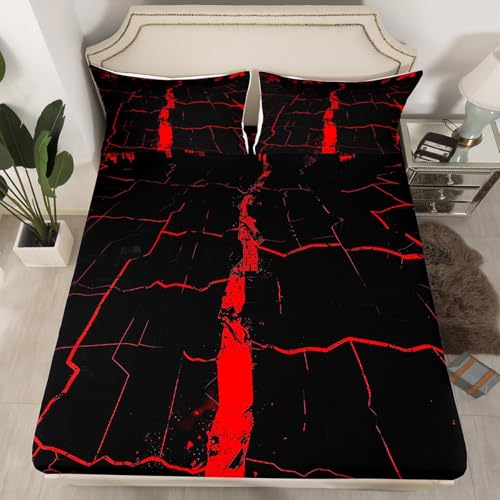 jejeloiu Black Red Marble Fitted Sheet Queen Size Kids Modern Marble Aesthetic Bed Sheets Set for Boys GirlsRetro Watercolor Artwork Bedding SetAbstract Crack Texture Bedroom Decor - color: Black Light Red, size: Queen