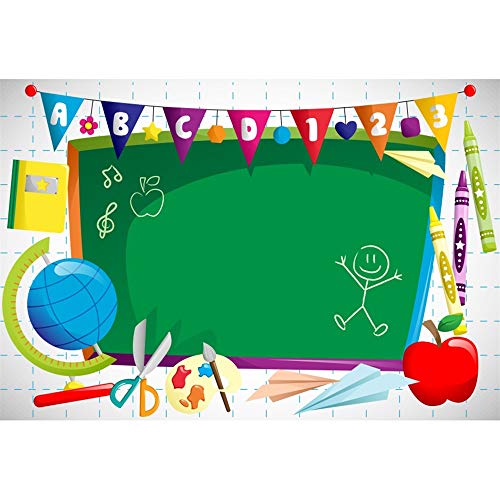 Leyiyi 10x7ft Vinyl Photography Background Welcome to Kindergarten Backdrop ABC Letters Blackboard Watercolor Pen Paper Airplane Globe Back to School Themed Party Backdrops Banner - color: Green, size: 10x7ft-Vinyl
