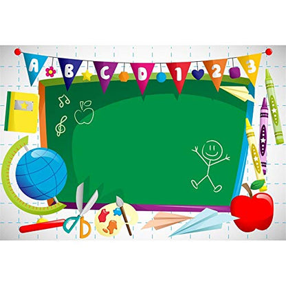 Leyiyi 10x7ft Vinyl Photography Background Welcome to Kindergarten Backdrop ABC Letters Blackboard Watercolor Pen Paper Airplane Globe Back to School Themed Party Backdrops Banner - color: Green, size: 10x7ft-Vinyl