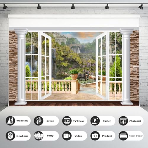 Window Scenery Backdrop White Windowsill Floral Garden Green Forest Natural Rock Stone Photography Background Garden Style Family Union Party Banner Wall Decor Photo Shoot Booth Props 5x3ft - color: Brown_Green, size: 5x3ft