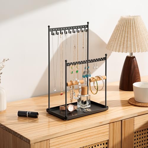 3 Tier Black Jewelry Stand, Necklace Organizer, Earring Holder with 44 Holes and 9 Hooks, for Necklaces, Bracelets, Rings - color: Black