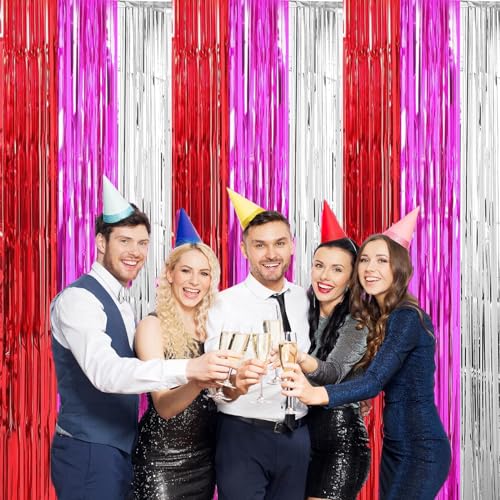 Valentine's Day Photo Booth Props Valentines Party Decorations Red Hot Pink Sliver Foil Fringe Curtain Photo Backdrop for Valentines Day Bridal Shower Pink Birthday 21st Decor 3 Pack,9.9x19.8ft