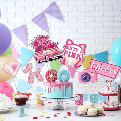 30Pcs Pink Girl Birthday Photo Booth Props with Sticks,Hot Pink Girls Birthday Party Decoration Supplies for Girls Women Disco Night Bachelorette Party Photo Booth Props