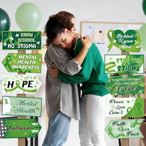 Hooqict 20 Pieces Mental Health Awareness Decorations Signs Motivational Inspirational Green Ribbon Party Directional Sign for Mental Health Awareness Month Therapy Counseling Office Decorations - style: Mental Health