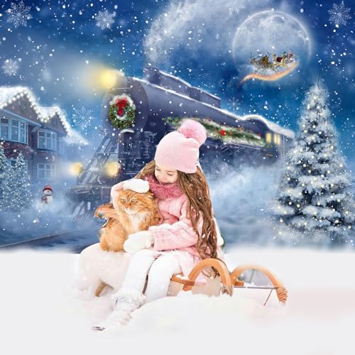 Avezano Christmas Train Backdrop Snow Night Christmas Polar Express Backdrop Moon Santa Claus Railway Photography Background Xmas Day Party Banner Decoration (7x5ft, 83x59inch) - size: 7x5ft, 82x59inch