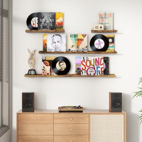 Floating Picture Ledge Shelves Set of 8, 16 Inch Solid Wood Wall Shelves with Lip, Large Nursery Book Shelf for Toys Storage, Kids Bookshelf, Living Room, Bedroom Decor Frames - color: Brown, size: 16'', Set of 8