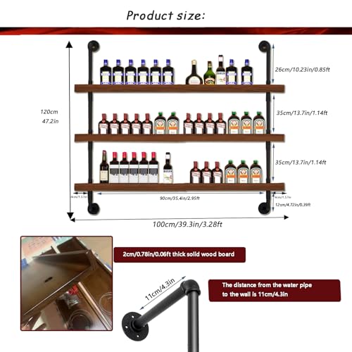 Large Wine Rack with LED Light Solid Wood Wall Mounted Wine Rack, 3-Tiers Liquor Bottles Floating Shelves Display Storage Organizer for Home Bar & Dining Room (80cm/31.4in) - size: 31.4 Inches