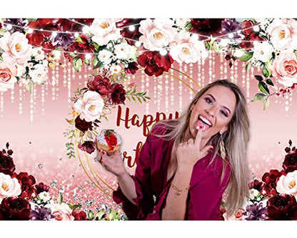 Sensfun Floral Happy Birthday Backdrop Burgundy Flowers Rose Gold Glitter Bokeh Spots Photo Background Vinyl Women Birthday Party Cake Table Decorations Photoshoot Banner (7x5ft) - size: 7x5ft