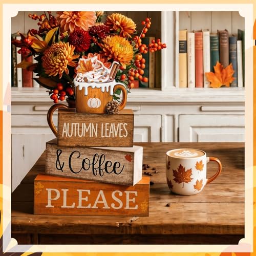 Lineshading 4 Pcs Fall Harvest Decoration for Home Autumn Cup Decor Thanksgiving Rustic Wooden Tiered Tray Decor Cup Gift Pumpkin Ice Cream Tabletop Centerpiece for Coffee - style: Autumn Leaves 2