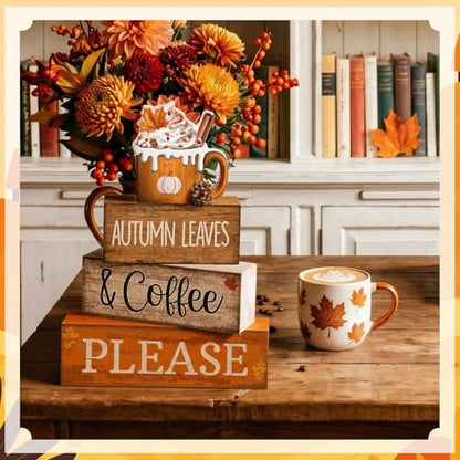 Lineshading 4 Pcs Fall Harvest Decoration for Home Autumn Cup Decor Thanksgiving Rustic Wooden Tiered Tray Decor Cup Gift Pumpkin Ice Cream Tabletop Centerpiece for Coffee - style: Autumn Leaves 2