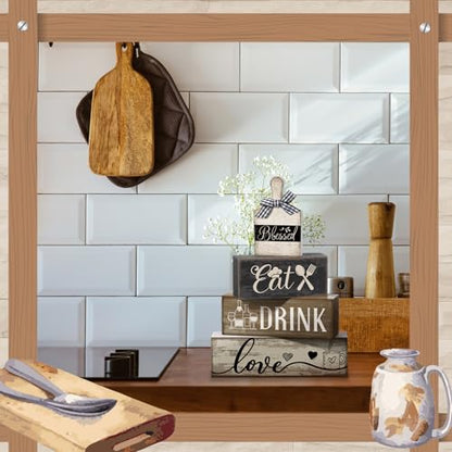Moucuny 4 Pcs Farmhouse Kitchen Decor Wooden Plate Farmhouse Table Decor Black Brown and White Plate Tableware Centerpiece Rustic Decorative Plates Block Sign for Display Cabinet Kitchen Decoration - style: Farmhouse