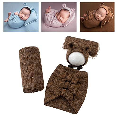 Newborn Baby Boy Girl Photography Props Bow Wrap, Posing Aid, Hat and Blanket Set of 4 Pcs - color: Coffee