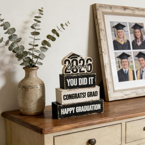 4 Pcs Class of 2026 Graduation Wooden Table Sign Tiered Tray Decor Wood Congrats Grad Table Centerpiece Block Signs You Did It Rustic Photo Props for Home Kitchen Shelf Display Farmhouse Congratulate