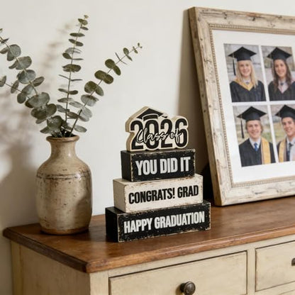 4 Pcs Class of 2026 Graduation Wooden Table Sign Tiered Tray Decor Wood Congrats Grad Table Centerpiece Block Signs You Did It Rustic Photo Props for Home Kitchen Shelf Display Farmhouse Congratulate