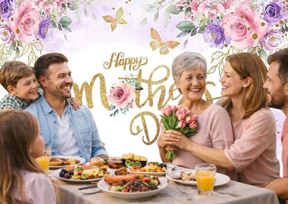 7x5ft Happy Mother's Day Backdrop – Floral Photography Background with Gold Dots, Mother's Day Photo Booth Banner for Women, Mom Birthday or Party Decor 068 - size: 7x5ft