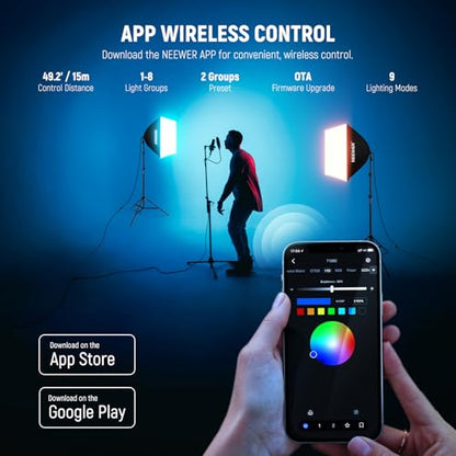 NEEWER 2 Pack 520W Equivalent RGB Softbox Lighting Kit with App Control & 9 Effects, 26W LED Bulbs CRI93+ TLCI98+, E26 Porcelain Sockets, 24" Softboxes for Studio Photography Lighting, NK800