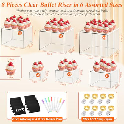 8 Pcs Clear Acrylic Buffet Risers with LED Fairy Lights, Acrylic Food Risers with Mini Sign and Maker, Clear Buffet Risers and Stands for Party Catering Dessert Collectibles(9" 8" 7" 6" 5" 5" 4" 4" ) - size: 9" 8" 7" 6" 5" 5" 4" 4"