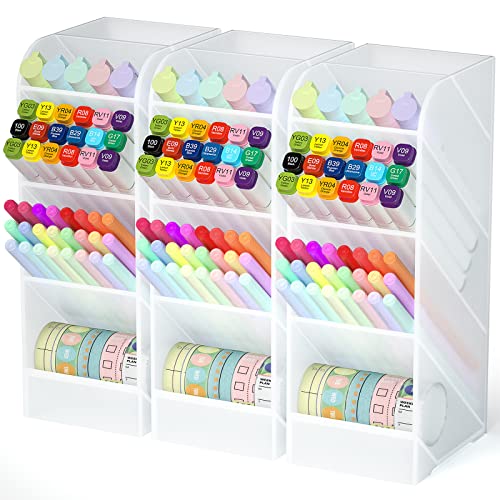Asten Pen Holder, Pencil Holder for Desk, Pen Organizer for Office, School, Desktop, Large Capacity Pen Storage Organizer with 5 Compartment for Pens, Markers, Makeup Brush, Cosmetics (Clear, 3 Pack) - color: Clear-3 Pack