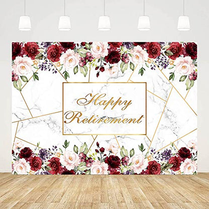 AIBIIN 7x5ft Happy Retirement Backdrop Red White Marble Rose Gold Pink Red Flowers Photography Background The Aged Women Lady Retirement Party Decorations Banner Photo Props