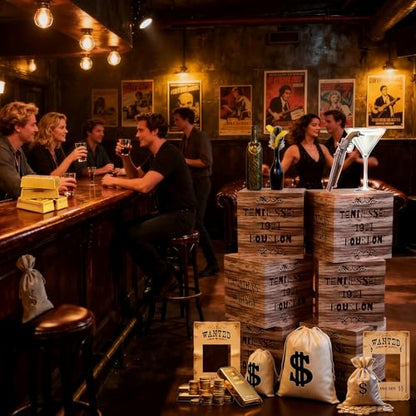 Eaasty 19 Pcs Roaring 20s Party Decorations Photo Booth Props Speakeasy Decor Height Chart Backdrop Wood Grain Boxes Wanted Sign Dollar Sacks for Retro Jazz Twenties 1920 Party Decor