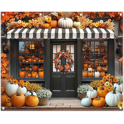 10x8ft Fabric Fall Pumpkin Shop Backdrop Rustic Autumn Chrysanthemum Maple Leaves Harvest Floral Door Photography Background Thanksgiving Party Decor Photo Props - size: 10'x8'