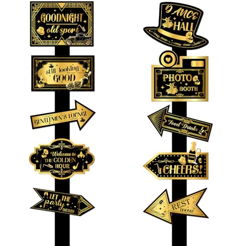 20PCS Roaring 20s Party Decorations Signs Black Gold 1920s Party Photo Booth Props Retro Jazz Party Yard Outdoor Wall Road Directional Sign for Roaring 20s Decors Speakeasy Party Supplies Favors - style: Roaring 20s