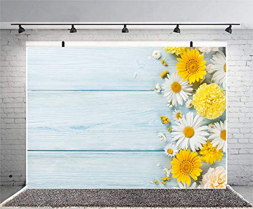 Sensfun 8x6ft Blue Wood Photo Backdrop Spring Theme Yellow White Daisy Flowers on Light Wood Plank Photography Background for Wedding 1st Birthday Party Photobooth Banner Photo Studio Props(WP094) - color: WP094, size: 8x6ft