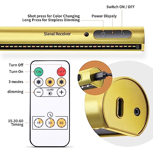 Battery Operated Wireless Picture Light，Rechargeable/Plugged in 31.5inch Painting Display Light,Remote Control Wall Lights with Three Modes and Timing for Art Frame (2 Gold) - color: 2 Gold