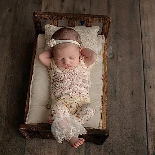 Baby Photography Props Outfit Lace Rompers Newborn Girl Photo Shoot Outfits Flower Headband Princess Costume - color: Beige a