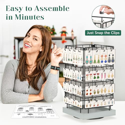 EsLuker.ly Rotating Earring Display Holder Stand for Vendors Events Selling, Large Capacity 64 Hooks Jewelry Rack with Wooden Base for Earring Card Sales, Enhances Retail Visibility (Light Grey) - color: Light Grey+Black