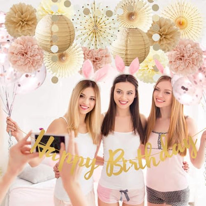 Champagne Gold Beige Birthday Decorations for Women Girls, Dusty Pink Party Decorations Cream Tissue Pom Poms Fans, Paper Lanterns, Anniversary Baby Shower Fall Boho Birthday Party Decoration
