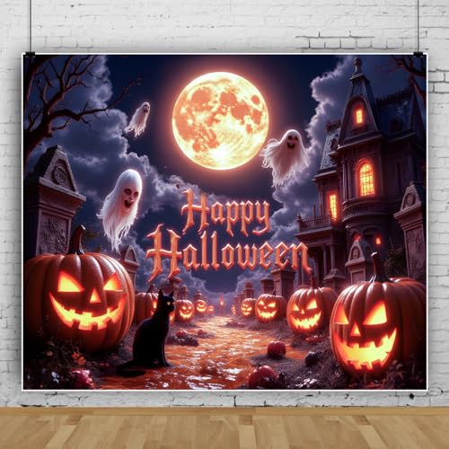 10x8ft Halloween Backdrops for Photoshoot Spooky Golden Full Moon Pumpkin Ghosts Happy Halloween Photo Backdrop for Photography Haunted Mansion Decorations Background Studio Photo Booth Props - color: Orange, size: 10x8ft