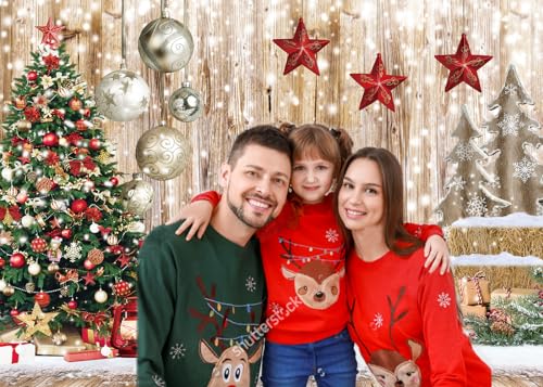 7x5Ft Christmas Backdrops for Photography Winter Snow Backdrop Rustic Wood Floor Backdrop Xmas Tree Gift Christmas Family Party Background - size: 7x5ft