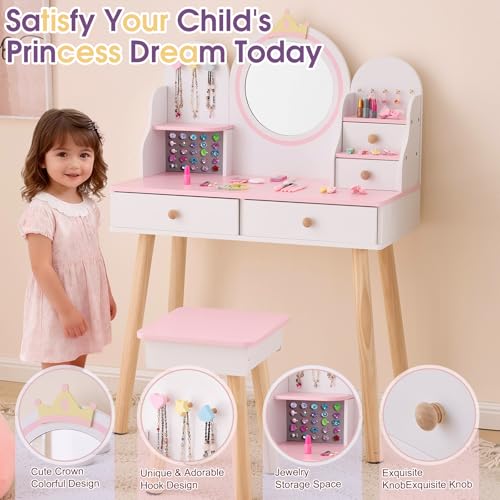 Kids Vanity Set with Jewelry Organizer for Princess, Girls Vanity Table and Chair Set with Drawers & Necklace Hooks, Toddler Makeup Dressing Table with Open Shelves, White