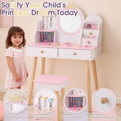 Kids Vanity Set with Jewelry Organizer for Princess, Girls Vanity Table and Chair Set with Drawers & Necklace Hooks, Toddler Makeup Dressing Table with Open Shelves, White
