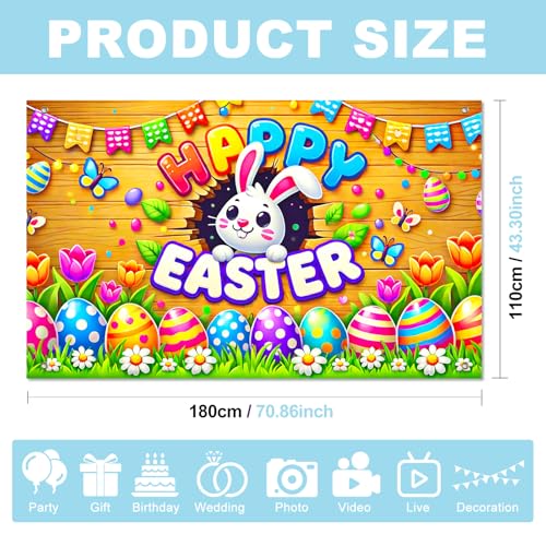 BlissYard Happy Easter Party Backdrop Banner Bunny Backdrop 71x43 Inch Spring Easter Cute Rabbit Colorful Eggs Floral Background Photography Baby Shower Party Photo Booth Props - color: Easter Bunny#6
