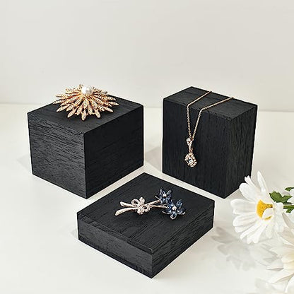 MOOCA Customizable Wooden Display Risers Set - 3 Different Height Stands for Jewelry, Watches, Cosmetics, and Accessory, Black Color - color: Black