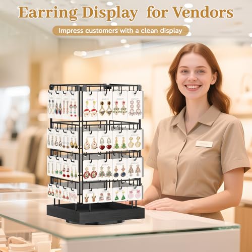 MODOWEY 360 Rotating Earring Cards Organizer Holder Stands for Selling Vendors, 64 Hooks Jewelry Display Tree, Large Capacity Storage Wood Rack Tower Women Dresser Stud Pierced, Black - color: Black
