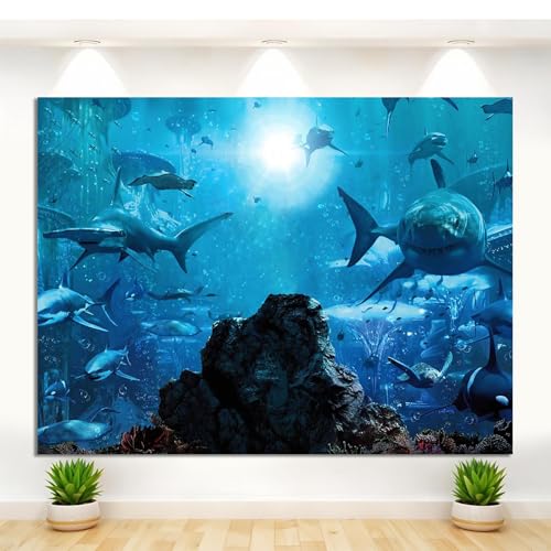 12x10ft Fabric Shark Theme Backdrop Deep-sea Ocean Shark Reef Aquarium Photography Background Birthday Theme Party Decoration Banner Kid Diver Portrait Photo Studio Props - size: 12x10 FT