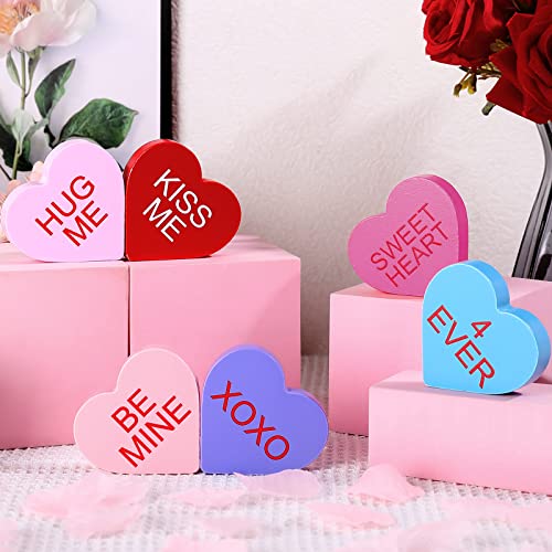 6 Pieces Valentine's Day Wooden Signs Colorful Heart Shaped Wood Tabletop Decor Valentine Tiered Tray Decor Love You Be Mine Kiss Me Table Centerpieces for Valentine (Bright Style,2.7 x 2.7 x 0.6 In) - color: Bright Style, size: 2.7 x 2.7 x 0.6 In