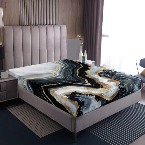 Erosebridal Black White Marble Bed Sheets, Gold Glitter Marbling Fitted Sheet Queen for Teens Adult Women Bedroom, Liquid Quicksand Fluid Bedding Set Grey Stone Pattern Bed Cover Marble Decor - color: Black Gold Grey, size: Queen