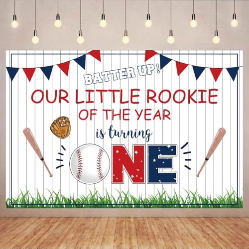 10x6.5ft Baby Boy 1st Birthday Backdrop Red Blue Triangle Flag Baseball Bat White Wood Texture Photography Background Our Little Rookie of The Year is Turning Banner Cake Table Decor Photo Booth Props - size: 10x6.5ft