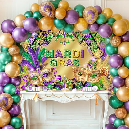 Avezano Mardi Gras Party Backdrop for Festival Carnival Masquerade Photoshoot Photography Background Retro Glitter Gold Green Purple New Orleans Mask Mardi Gras Party Decorations (7x5ft) - size: 7x5ft