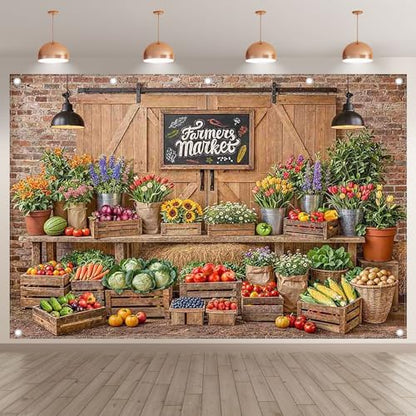 12x8ft Fabric Farmers Market Backdrop Fresh Vegetables Flowers Wooden Barn Spring Photography Background Baby Shower Birthday Party Decorations Photo Banner Props - size: 12'x8'