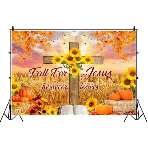 deFouliao Fall Backdrop Autumn Harvest Thanksgiving Maple Leaves Pumpkins Wooden Cross with Sunflower Background Banner Thanksgiving Party Supplies Photo Booth Props, 10x8ft - color: Yellow, size: 10x8ft